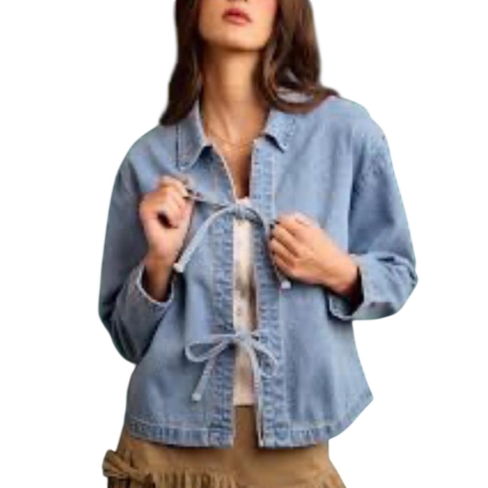 NEW Blue Denim Oversized Medium Tie Front Blazer Jacket Light Wash Fits Large